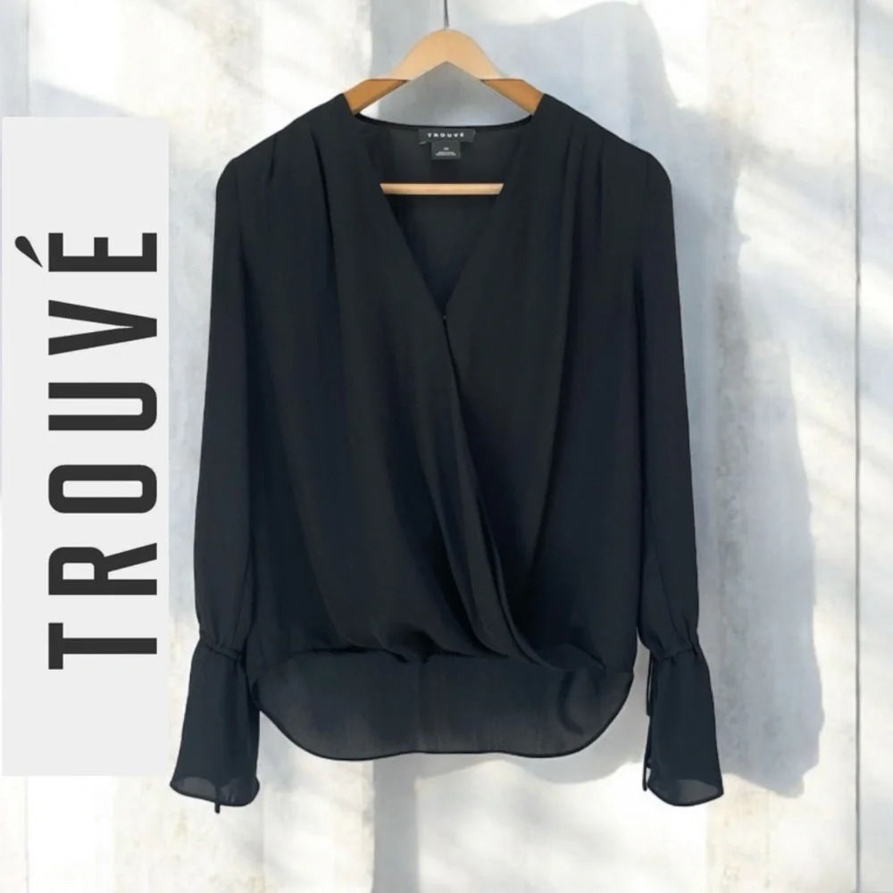 Trouvé Black Chiffon Blouse w/Long Poet Sleeves, XS